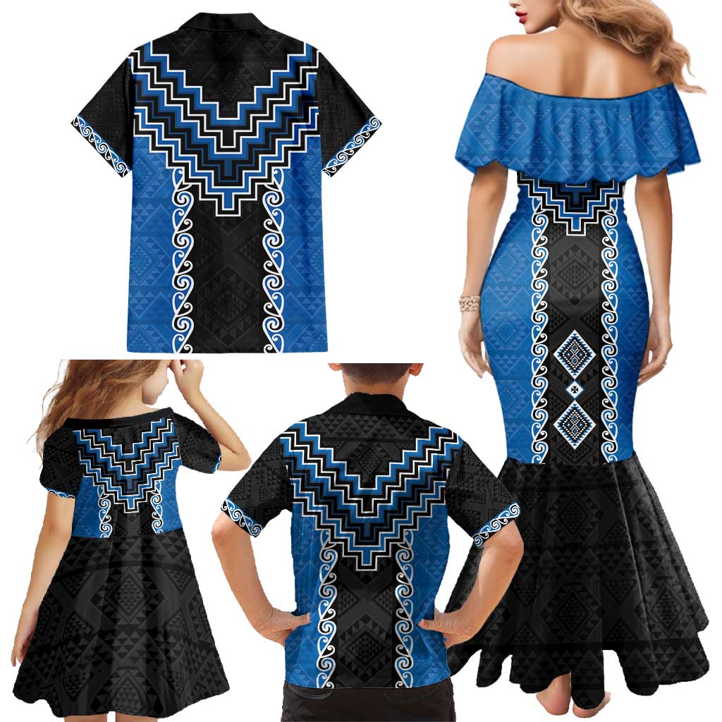 Blue Niho Taniwha Mix Poutama Family Matching Mermaid Dress and Hawaiian Shirt Unique Taniko Aotearoa LT01 - Polynesian Pride