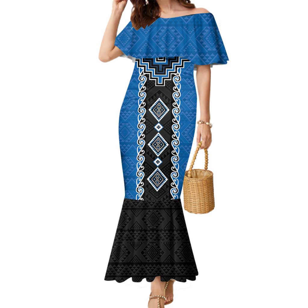 Blue Niho Taniwha Mix Poutama Family Matching Mermaid Dress and Hawaiian Shirt Unique Taniko Aotearoa LT01 Mom's Dress Blue - Polynesian Pride