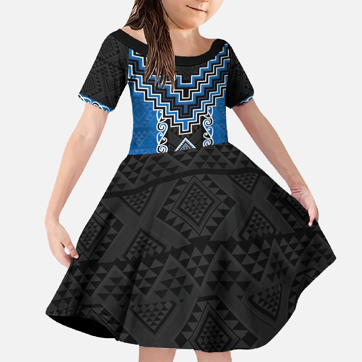 Blue Niho Taniwha Mix Poutama Family Matching Off The Shoulder Long Sleeve Dress and Hawaiian Shirt Unique Taniko Aotearoa LT01 Daughter's Dress Blue - Polynesian Pride