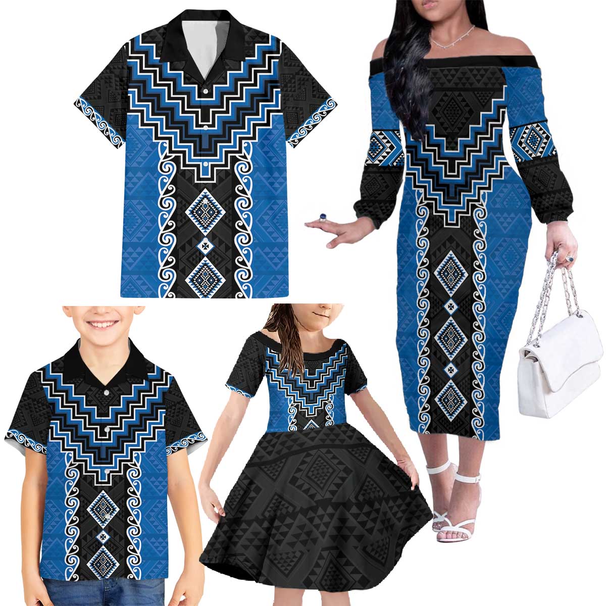 Blue Niho Taniwha Mix Poutama Family Matching Off The Shoulder Long Sleeve Dress and Hawaiian Shirt Unique Taniko Aotearoa LT01 - Polynesian Pride