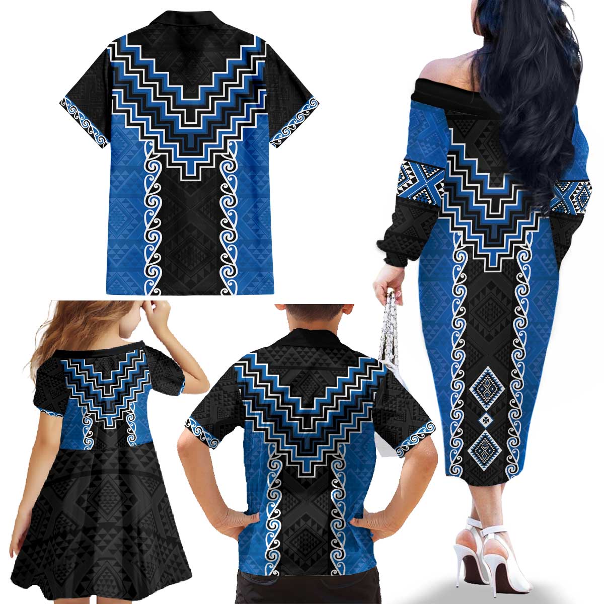 Blue Niho Taniwha Mix Poutama Family Matching Off The Shoulder Long Sleeve Dress and Hawaiian Shirt Unique Taniko Aotearoa LT01 - Polynesian Pride