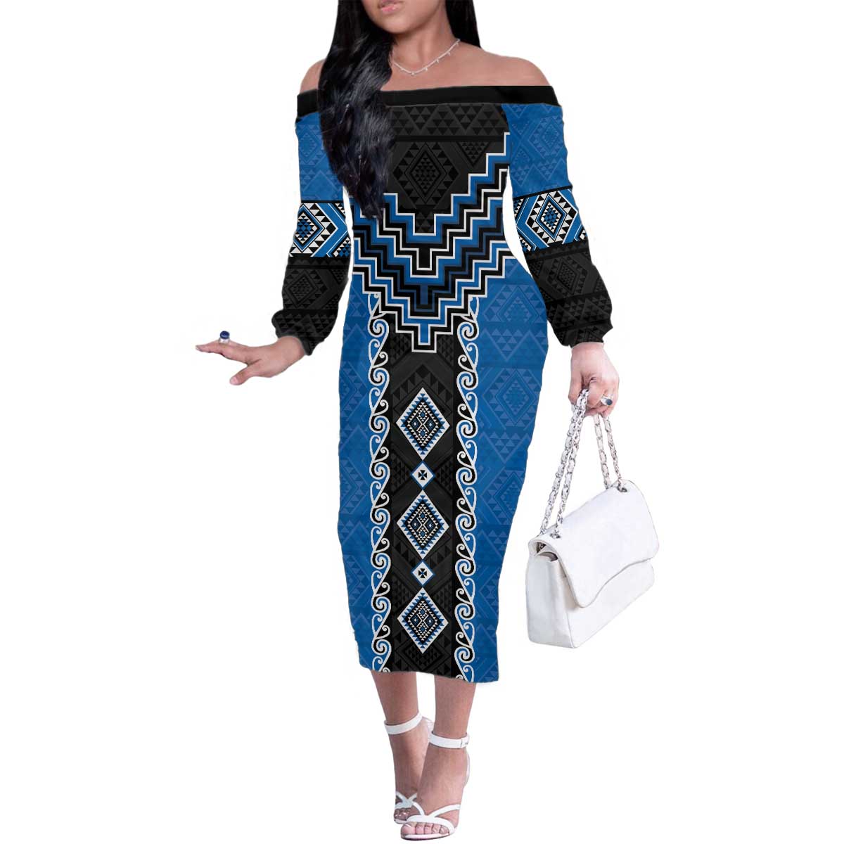 Blue Niho Taniwha Mix Poutama Family Matching Off The Shoulder Long Sleeve Dress and Hawaiian Shirt Unique Taniko Aotearoa LT01 Mom's Dress Blue - Polynesian Pride
