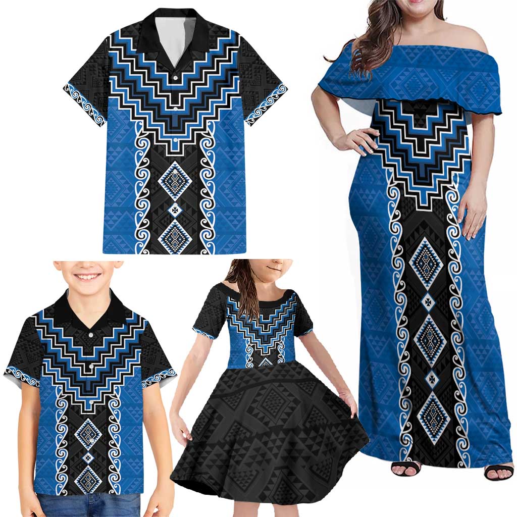 Blue Niho Taniwha Mix Poutama Family Matching Off Shoulder Maxi Dress and Hawaiian Shirt Unique Taniko Aotearoa LT01 - Polynesian Pride