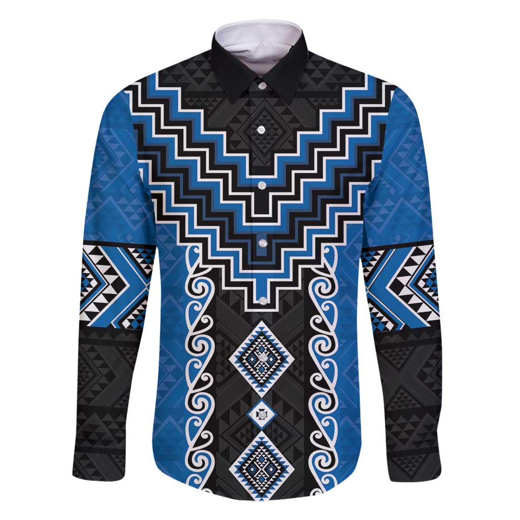 Blue Niho Taniwha Mix Poutama Family Matching Off Shoulder Maxi Dress and Hawaiian Shirt Unique Taniko Aotearoa LT01 Dad's Shirt - Long Sleeve Blue - Polynesian Pride