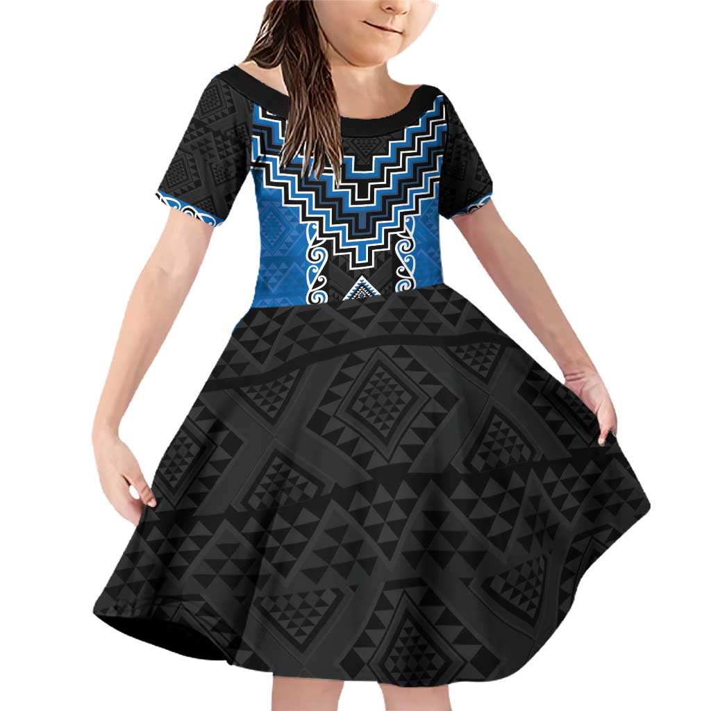 Blue Niho Taniwha Mix Poutama Family Matching Off Shoulder Short Dress and Hawaiian Shirt Unique Taniko Aotearoa LT01 Daughter's Dress Blue - Polynesian Pride