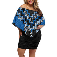 Blue Niho Taniwha Mix Poutama Family Matching Off Shoulder Short Dress and Hawaiian Shirt Unique Taniko Aotearoa LT01 Mom's Dress Blue - Polynesian Pride