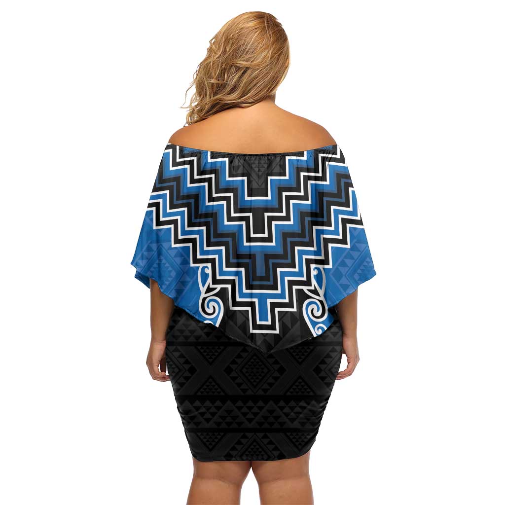 Blue Niho Taniwha Mix Poutama Family Matching Off Shoulder Short Dress and Hawaiian Shirt Unique Taniko Aotearoa LT01 - Polynesian Pride