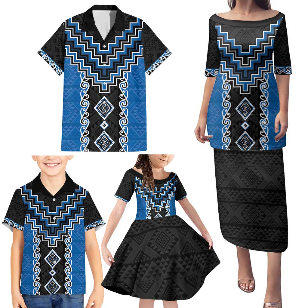 Blue Niho Taniwha Mix Poutama Family Matching Puletasi and Hawaiian Shirt Unique Taniko Aotearoa LT01 - Polynesian Pride
