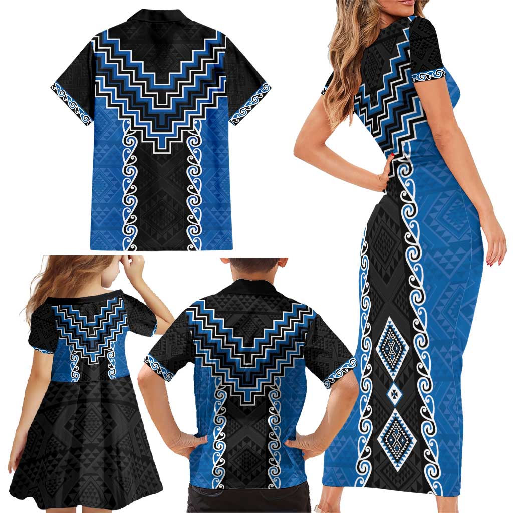 Blue Niho Taniwha Mix Poutama Family Matching Short Sleeve Bodycon Dress and Hawaiian Shirt Unique Taniko Aotearoa LT01 - Polynesian Pride