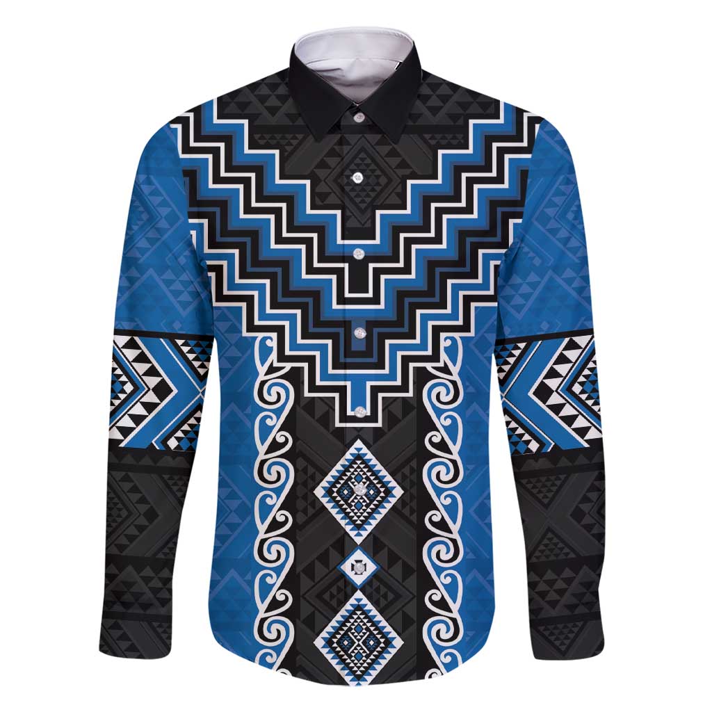 Blue Niho Taniwha Mix Poutama Family Matching Short Sleeve Bodycon Dress and Hawaiian Shirt Unique Taniko Aotearoa LT01 Dad's Shirt - Long Sleeve Blue - Polynesian Pride