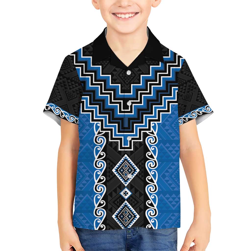 Blue Niho Taniwha Mix Poutama Family Matching Short Sleeve Bodycon Dress and Hawaiian Shirt Unique Taniko Aotearoa LT01 Son's Shirt Blue - Polynesian Pride