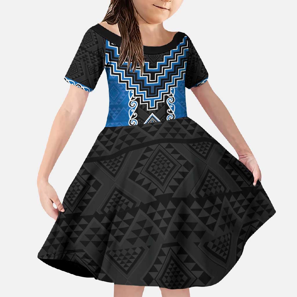 Blue Niho Taniwha Mix Poutama Family Matching Summer Maxi Dress and Hawaiian Shirt Unique Taniko Aotearoa LT01 Daughter's Dress Blue - Polynesian Pride