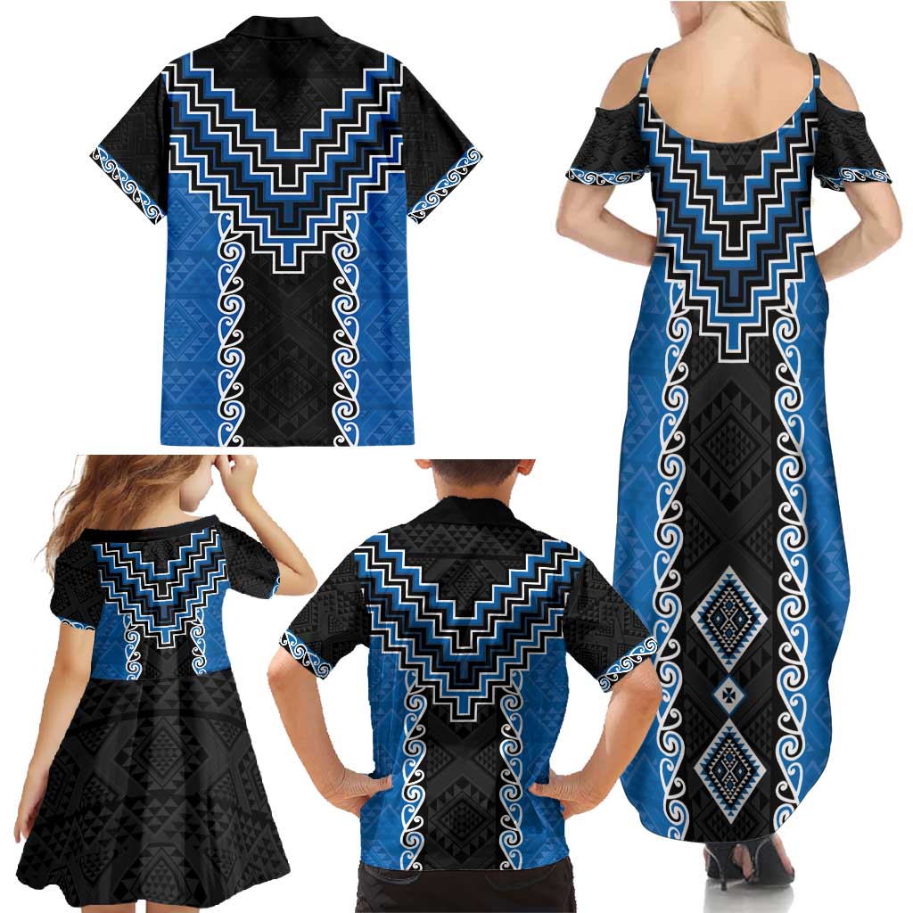 Blue Niho Taniwha Mix Poutama Family Matching Summer Maxi Dress and Hawaiian Shirt Unique Taniko Aotearoa LT01 - Polynesian Pride