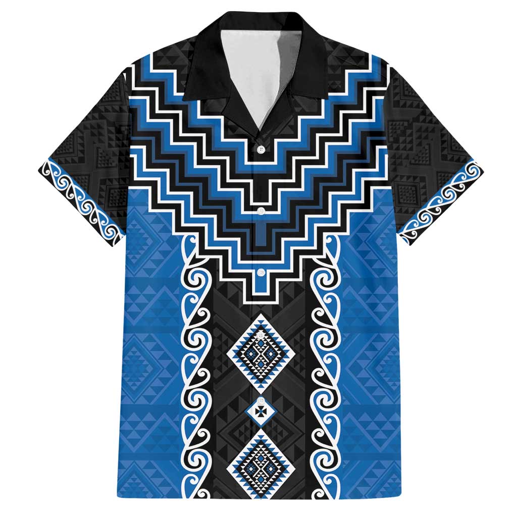 Blue Niho Taniwha Mix Poutama Family Matching Summer Maxi Dress and Hawaiian Shirt Unique Taniko Aotearoa LT01 Dad's Shirt - Short Sleeve Blue - Polynesian Pride