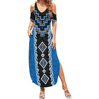 Blue Niho Taniwha Mix Poutama Family Matching Summer Maxi Dress and Hawaiian Shirt Unique Taniko Aotearoa LT01 Mom's Dress Blue - Polynesian Pride