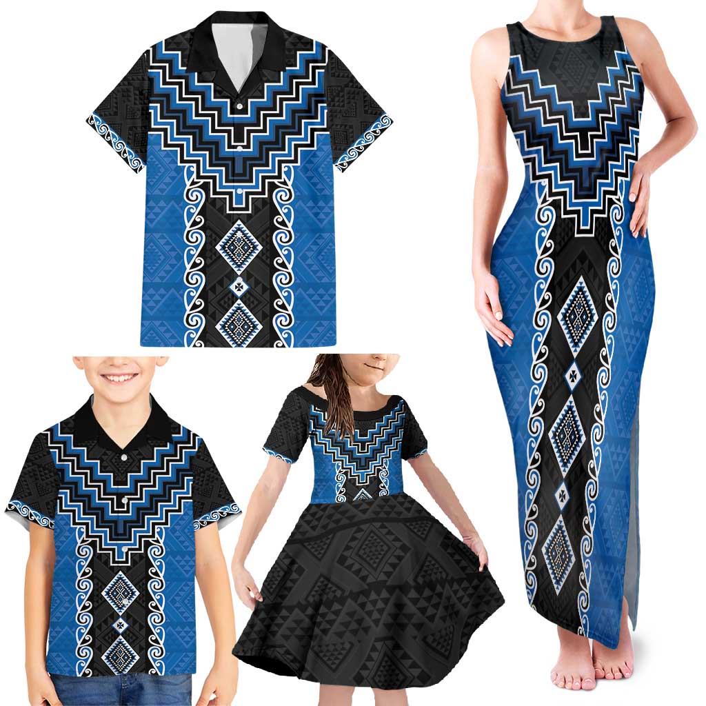 Blue Niho Taniwha Mix Poutama Family Matching Tank Maxi Dress and Hawaiian Shirt Unique Taniko Aotearoa