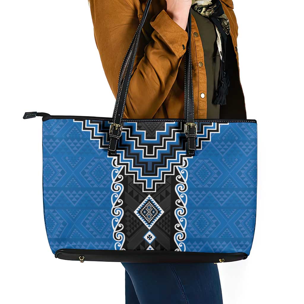 Blue Niho Taniwha Mix Poutama Leather Tote Bag Unique Taniko Aotearoa