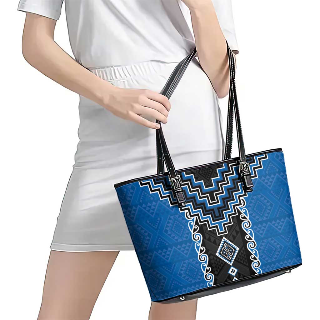 Blue Niho Taniwha Mix Poutama Leather Tote Bag Unique Taniko Aotearoa