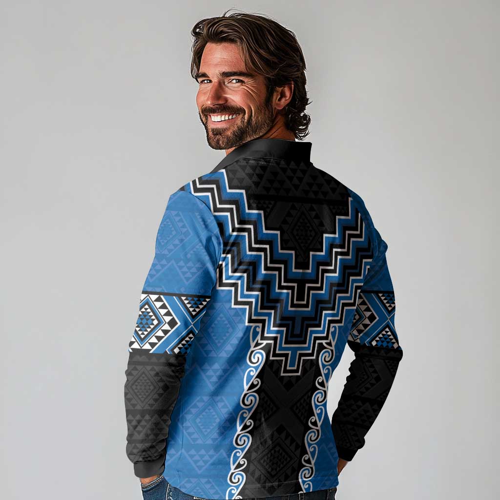 Blue Niho Taniwha Mix Poutama Long Sleeve Polo Shirt Unique Taniko Aotearoa