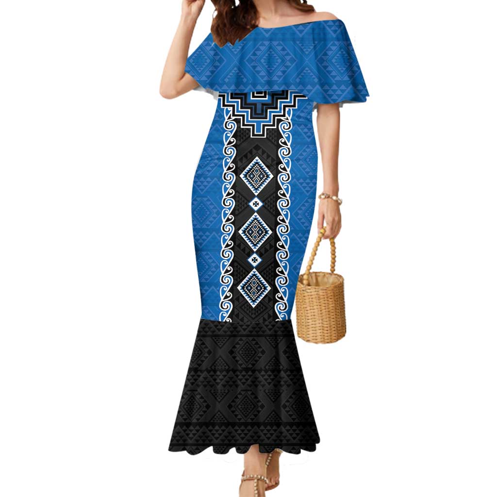 Blue Niho Taniwha Mix Poutama Mermaid Dress Unique Taniko Aotearoa
