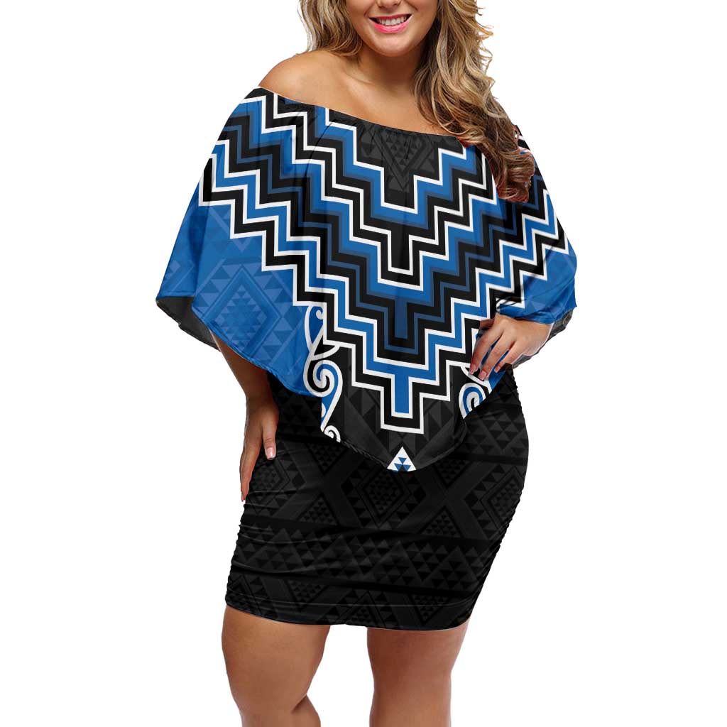 Blue Niho Taniwha Mix Poutama Off Shoulder Short Dress Unique Taniko Aotearoa