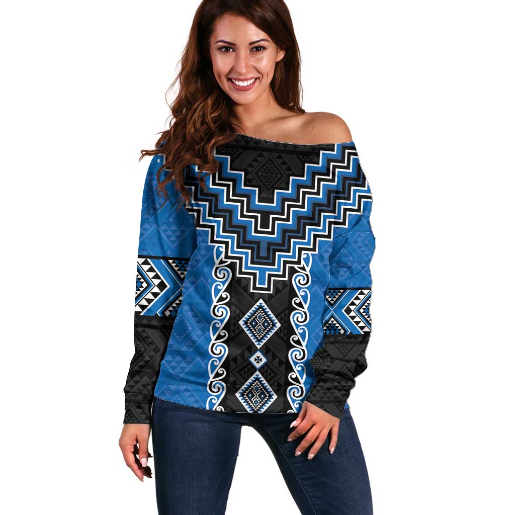 Blue Niho Taniwha Mix Poutama Off Shoulder Sweater Unique Taniko Aotearoa