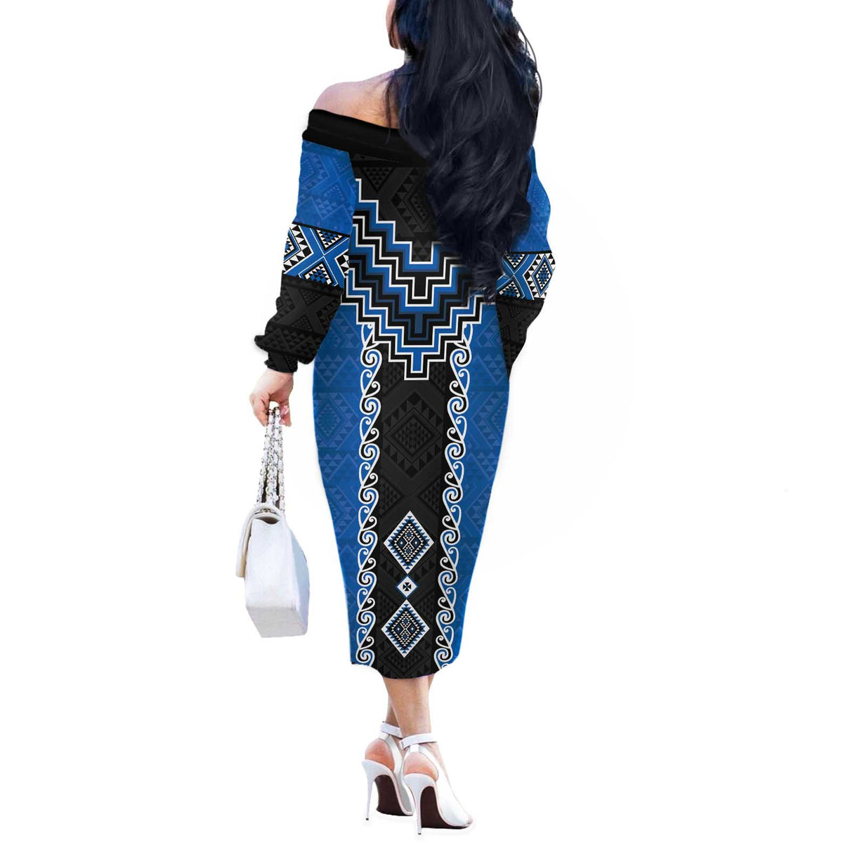 Blue Niho Taniwha Mix Poutama Off The Shoulder Long Sleeve Dress Unique Taniko Aotearoa