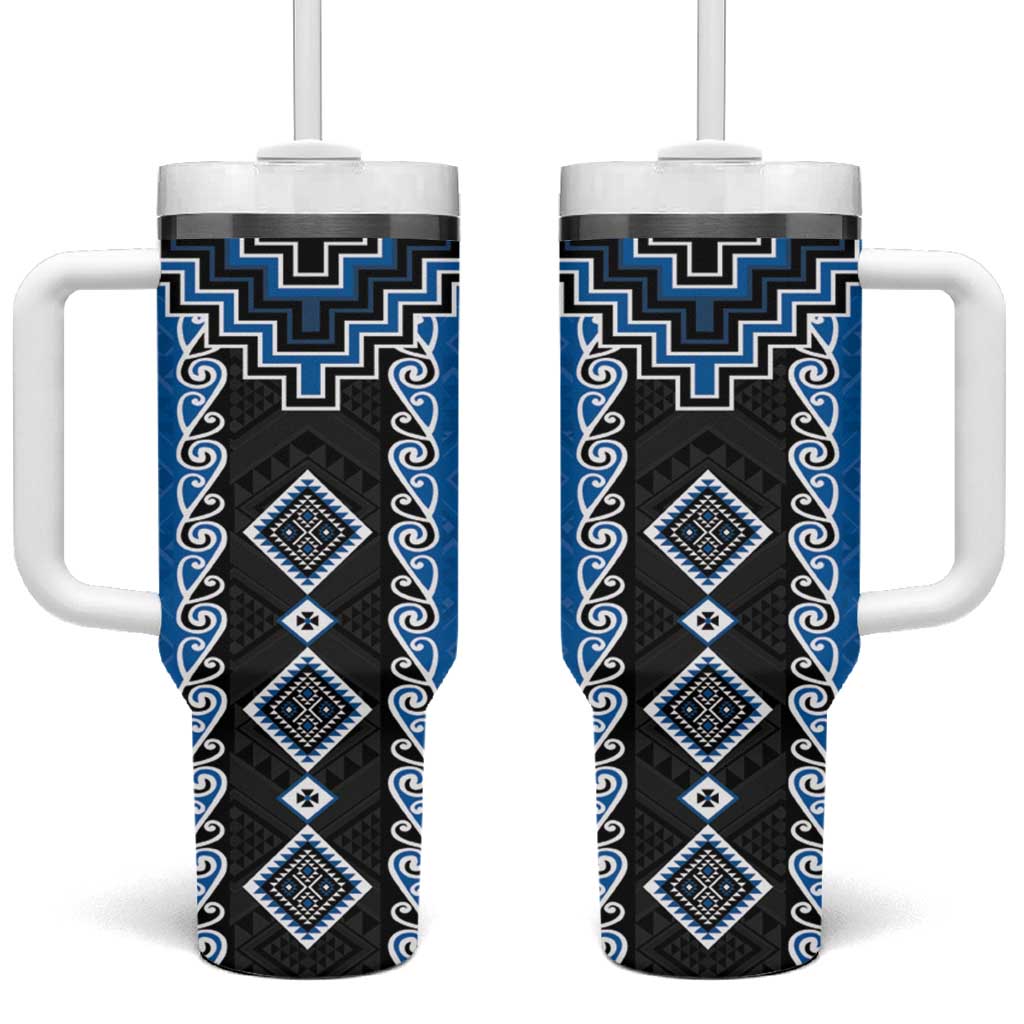 Blue Niho Taniwha Mix Poutama Tumbler With Handle Unique Taniko Aotearoa LT01 One Size: 40 oz Blue - Polynesian Pride