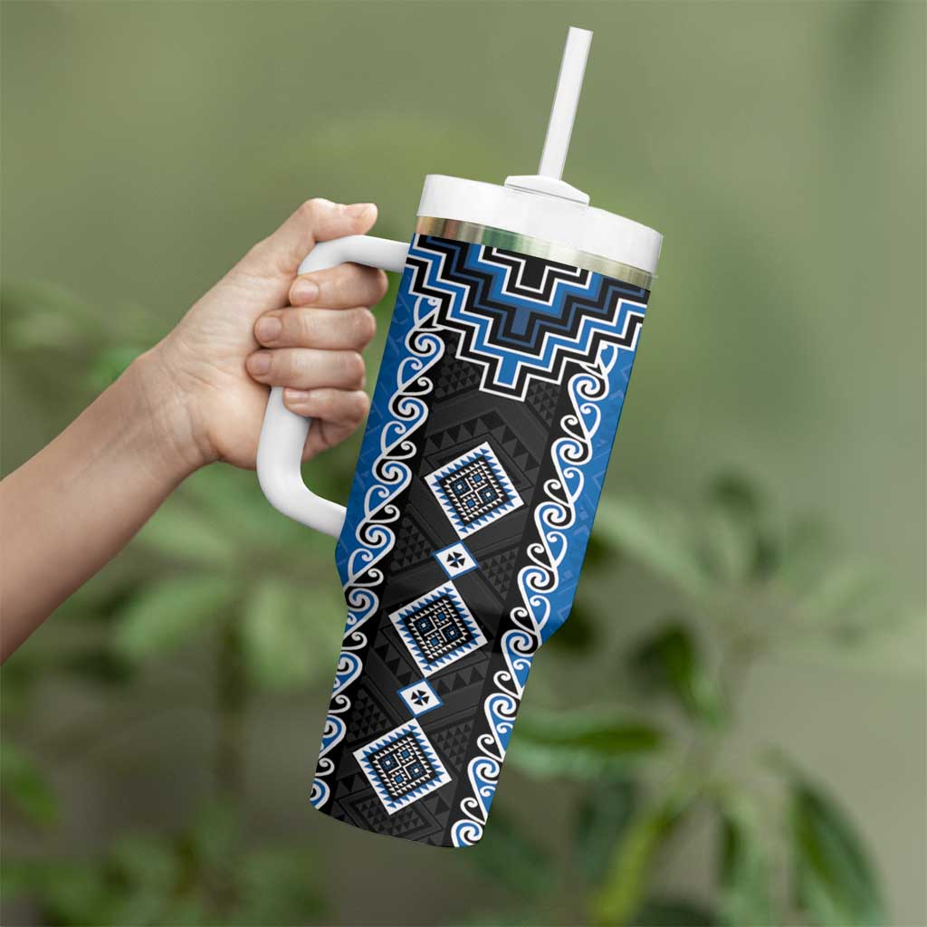Blue Niho Taniwha Mix Poutama Tumbler With Handle Unique Taniko Aotearoa LT01 - Polynesian Pride
