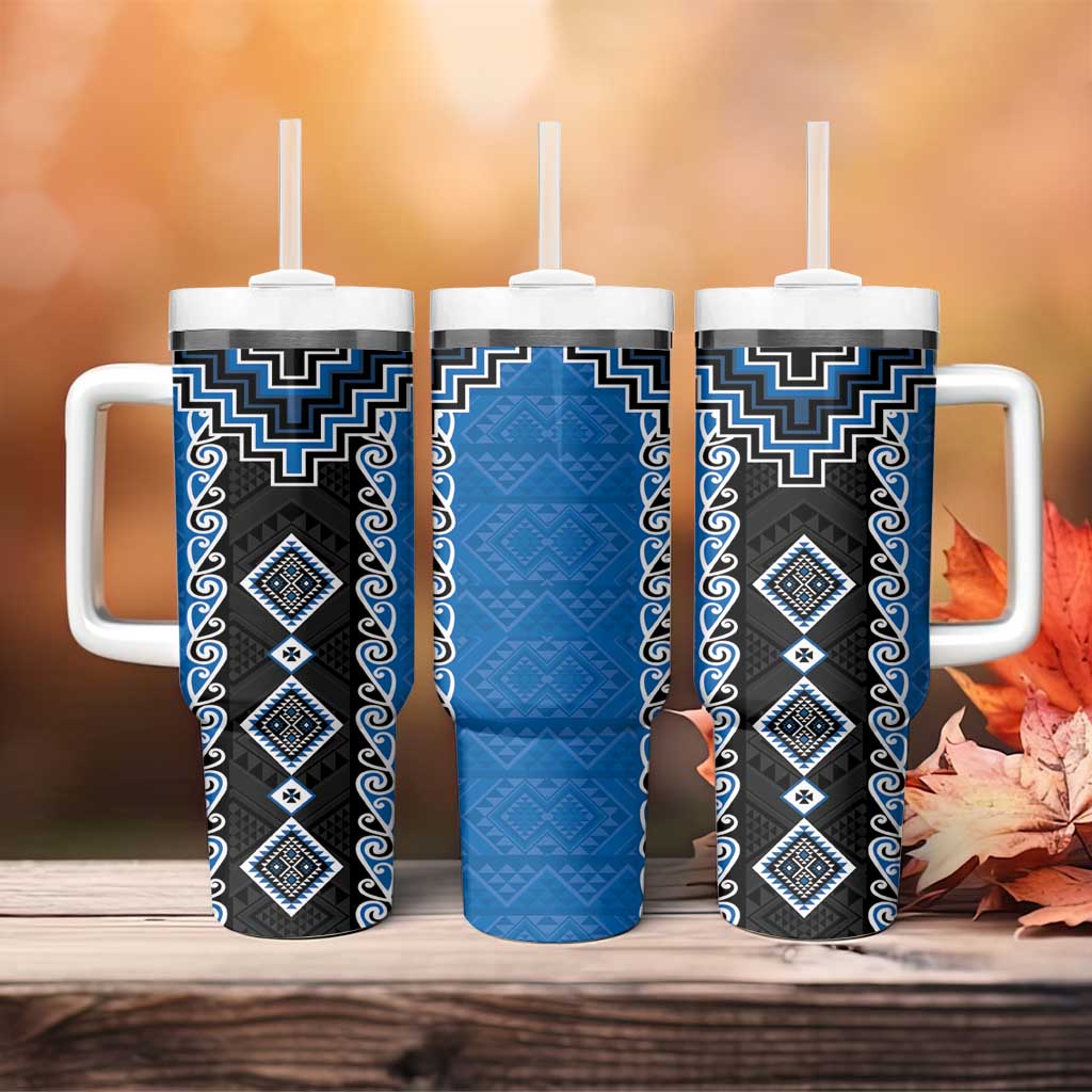 Blue Niho Taniwha Mix Poutama Tumbler With Handle Unique Taniko Aotearoa LT01 - Polynesian Pride