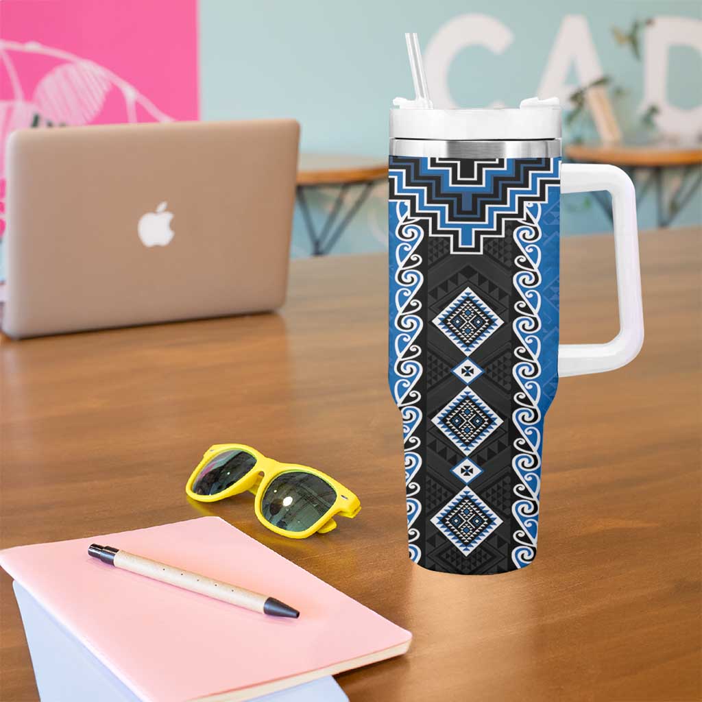 Blue Niho Taniwha Mix Poutama Tumbler With Handle Unique Taniko Aotearoa LT01 - Polynesian Pride