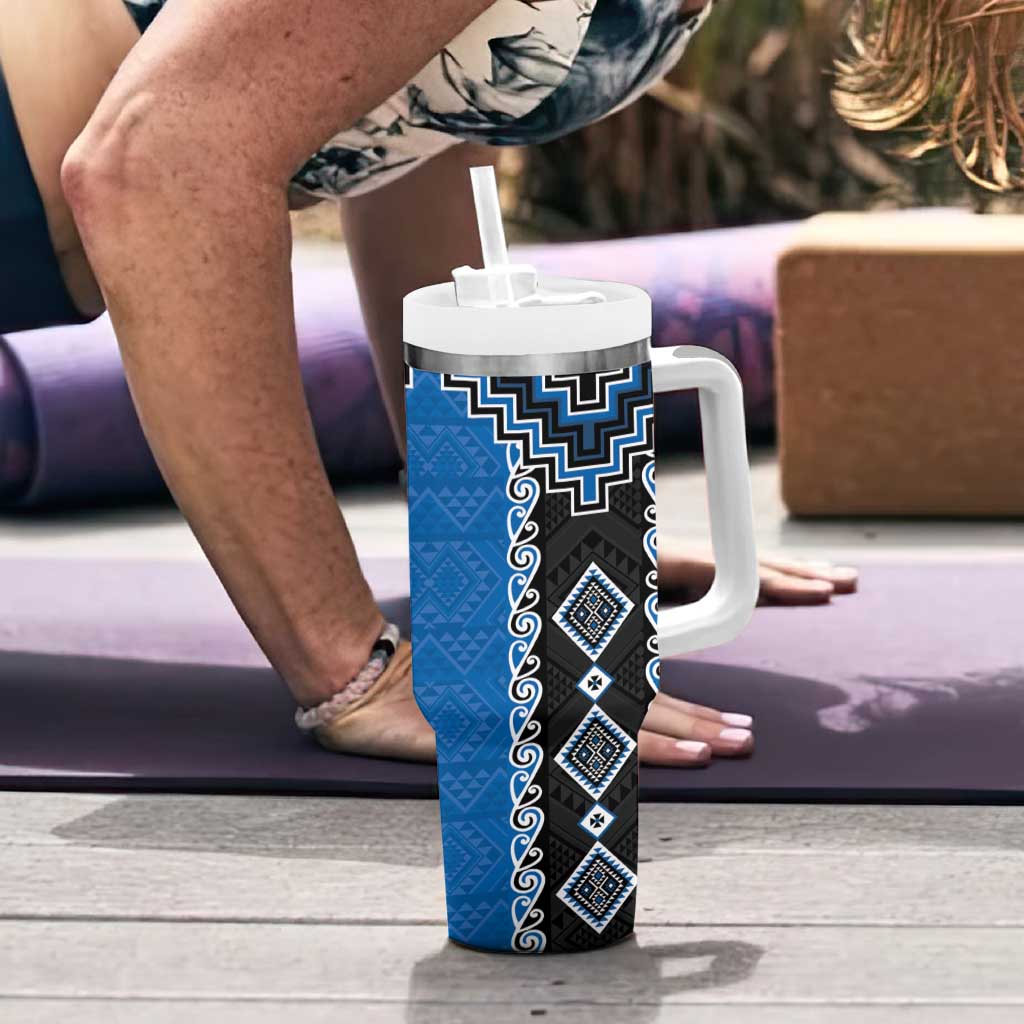 Blue Niho Taniwha Mix Poutama Tumbler With Handle Unique Taniko Aotearoa LT01 - Polynesian Pride