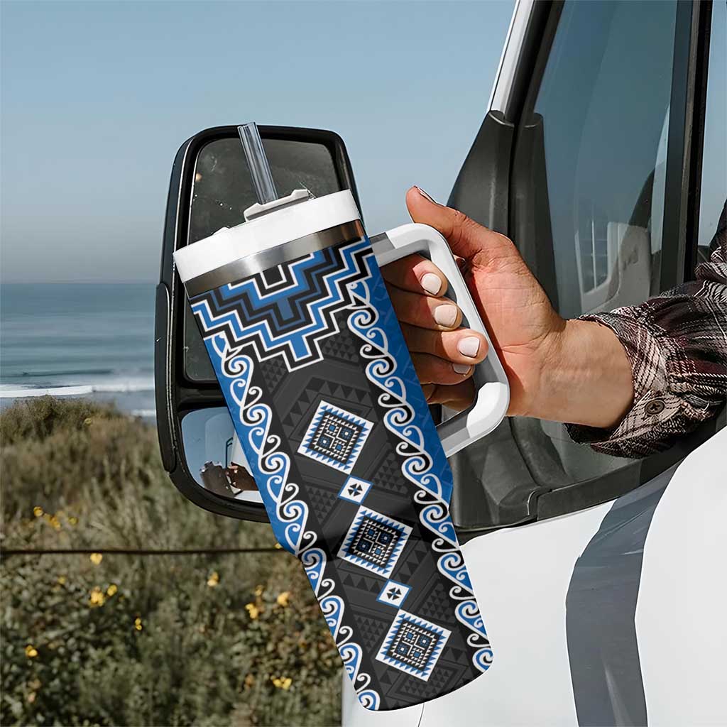 Blue Niho Taniwha Mix Poutama Tumbler With Handle Unique Taniko Aotearoa LT01 - Polynesian Pride