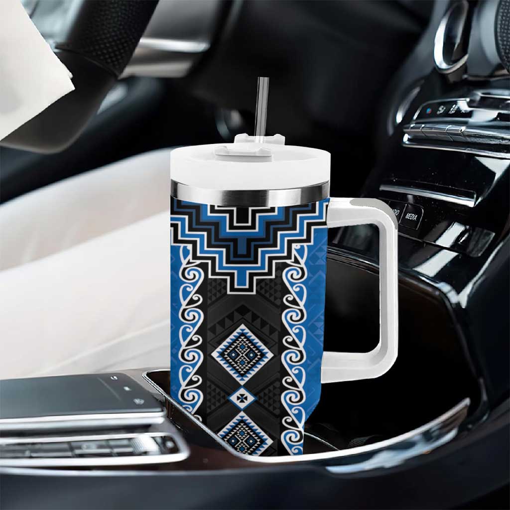 Blue Niho Taniwha Mix Poutama Tumbler With Handle Unique Taniko Aotearoa LT01 - Polynesian Pride