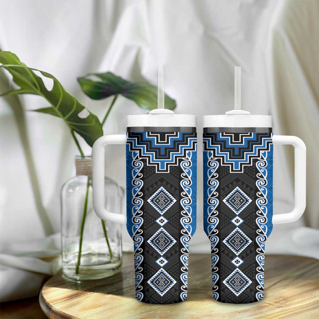 Blue Niho Taniwha Mix Poutama Tumbler With Handle Unique Taniko Aotearoa LT01 - Polynesian Pride