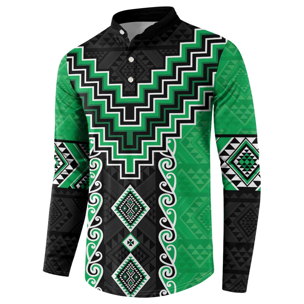 Green Niho Taniwha Mix Poutama Button Sweatshirt Unique Taniko Aotearoa