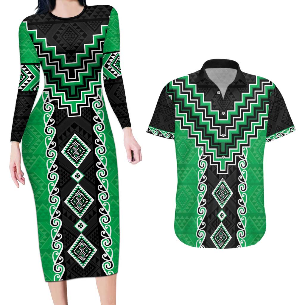 Green Niho Taniwha Mix Poutama Couples Matching Long Sleeve Bodycon Dress and Hawaiian Shirt Unique Taniko Aotearoa LT01 Green - Polynesian Pride