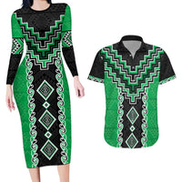 Green Niho Taniwha Mix Poutama Couples Matching Long Sleeve Bodycon Dress and Hawaiian Shirt Unique Taniko Aotearoa LT01 Green - Polynesian Pride