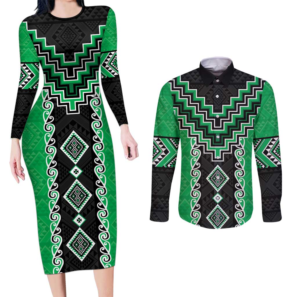Green Niho Taniwha Mix Poutama Couples Matching Long Sleeve Bodycon Dress and Long Sleeve Button Shirt Unique Taniko Aotearoa LT01 Green - Polynesian Pride