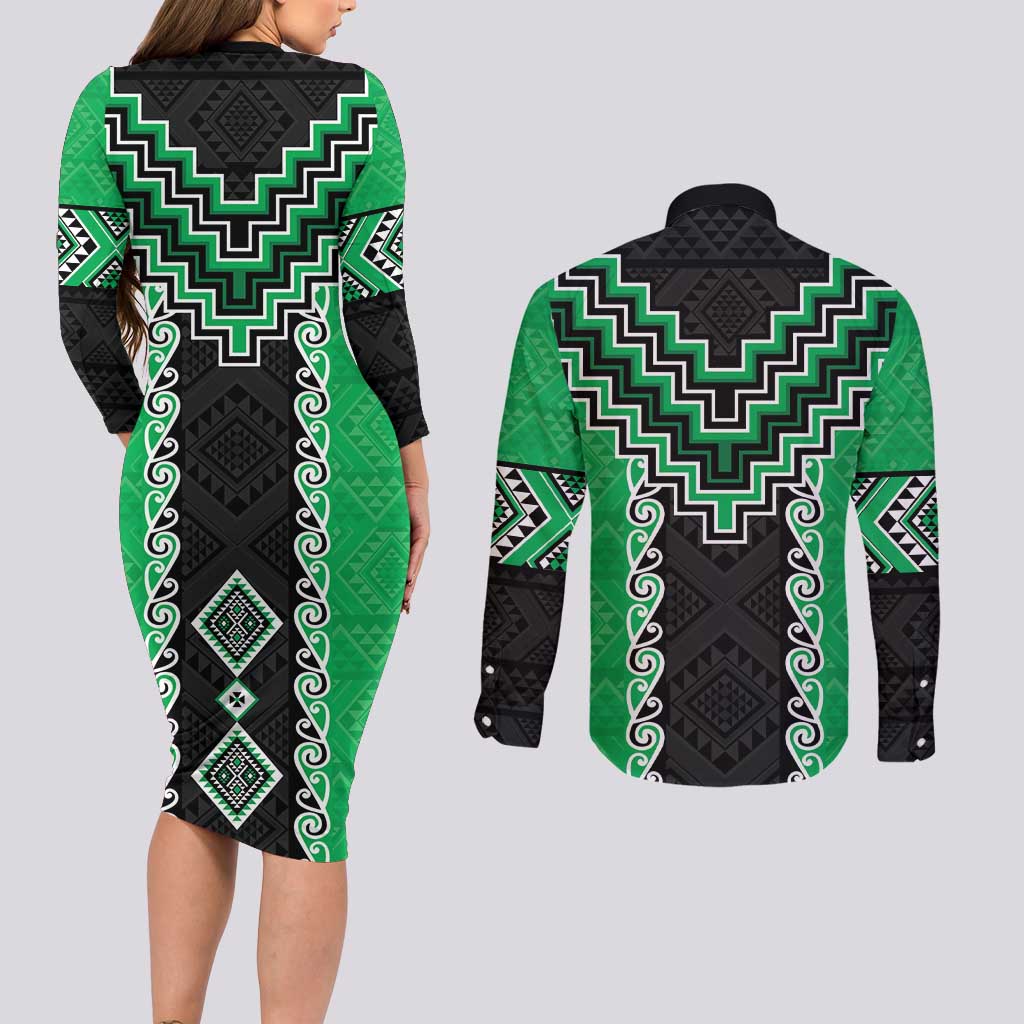Green Niho Taniwha Mix Poutama Couples Matching Long Sleeve Bodycon Dress and Long Sleeve Button Shirt Unique Taniko Aotearoa LT01 - Polynesian Pride