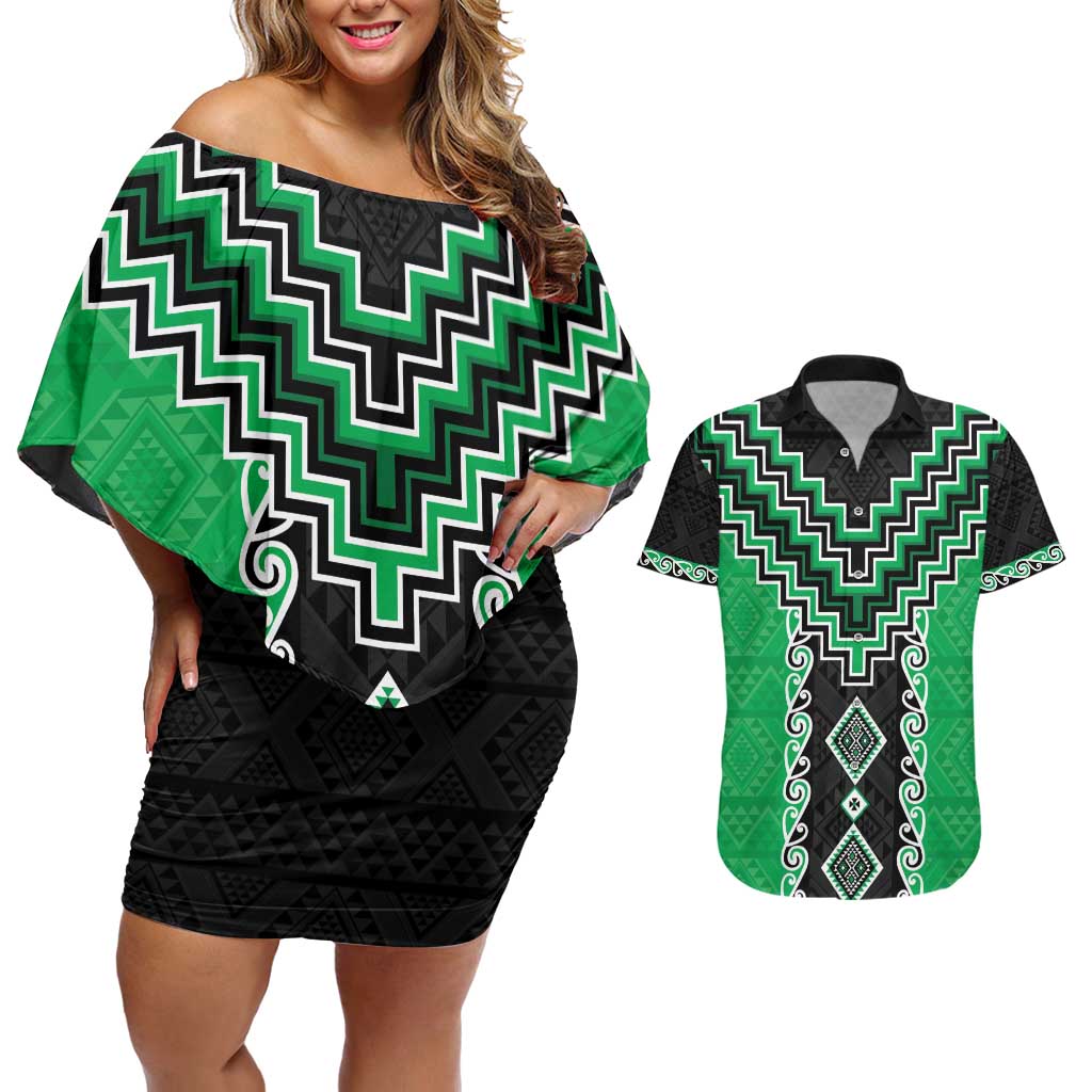 Green Niho Taniwha Mix Poutama Couples Matching Off Shoulder Short Dress and Hawaiian Shirt Unique Taniko Aotearoa LT01 Green - Polynesian Pride