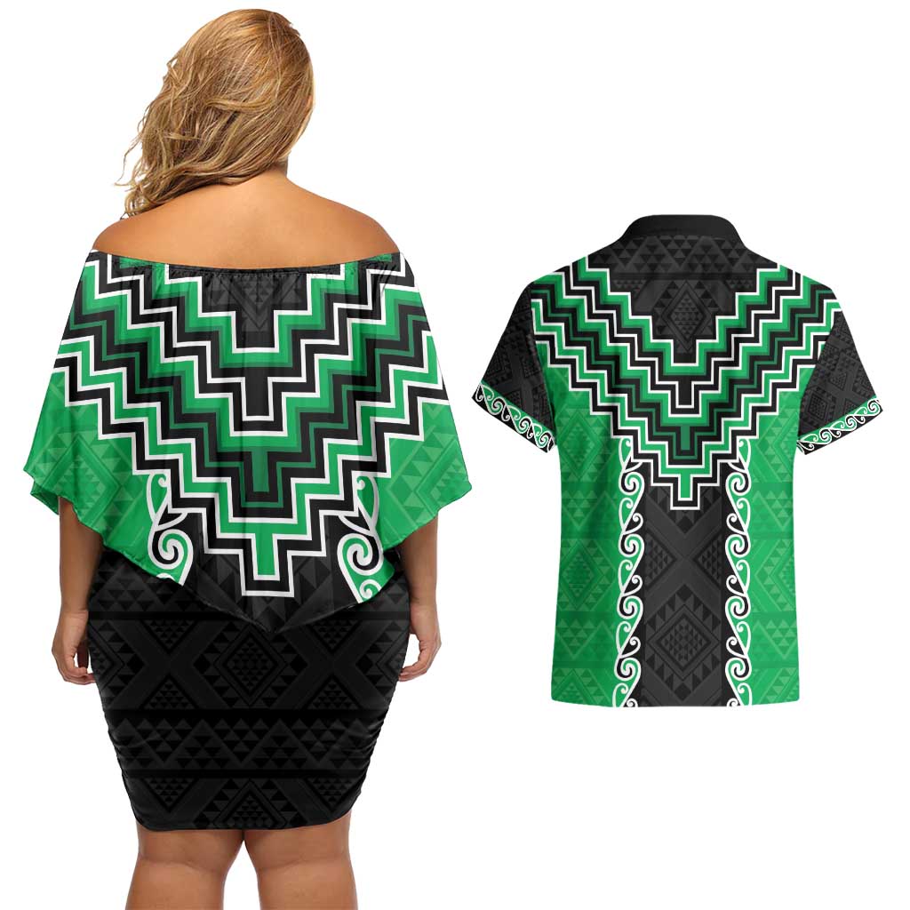 Green Niho Taniwha Mix Poutama Couples Matching Off Shoulder Short Dress and Hawaiian Shirt Unique Taniko Aotearoa LT01 - Polynesian Pride