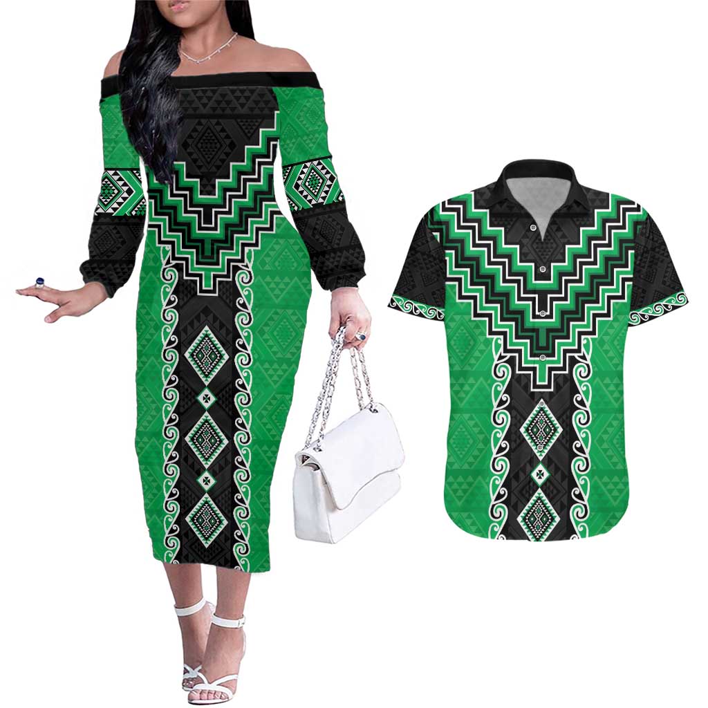 Green Niho Taniwha Mix Poutama Couples Matching Off The Shoulder Long Sleeve Dress and Hawaiian Shirt Unique Taniko Aotearoa LT01 Green - Polynesian Pride