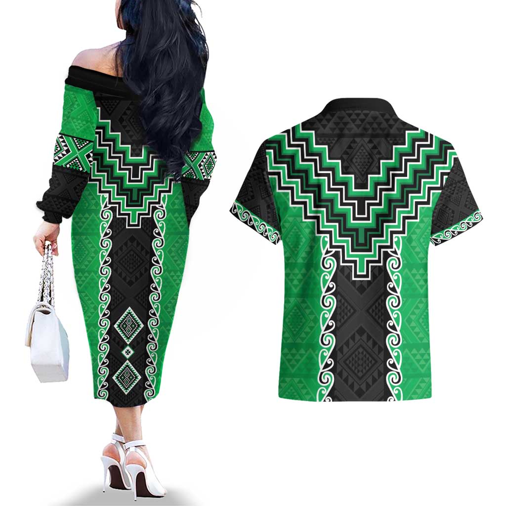 Green Niho Taniwha Mix Poutama Couples Matching Off The Shoulder Long Sleeve Dress and Hawaiian Shirt Unique Taniko Aotearoa LT01 - Polynesian Pride