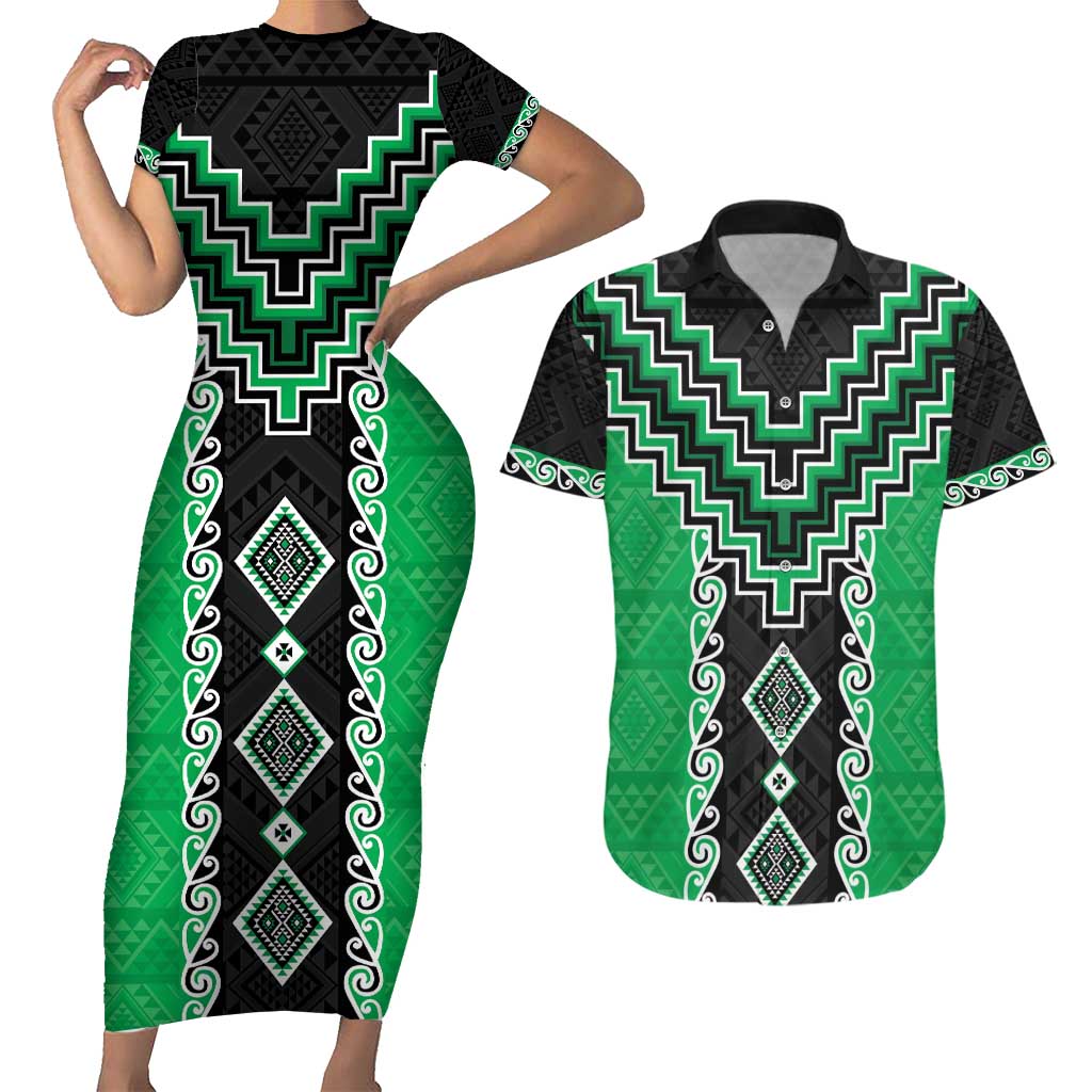 Green Niho Taniwha Mix Poutama Couples Matching Short Sleeve Bodycon Dress and Hawaiian Shirt Unique Taniko Aotearoa LT01 Green - Polynesian Pride