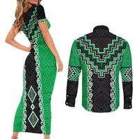 Green Niho Taniwha Mix Poutama Couples Matching Short Sleeve Bodycon Dress and Long Sleeve Button Shirt Unique Taniko Aotearoa LT01 - Polynesian Pride