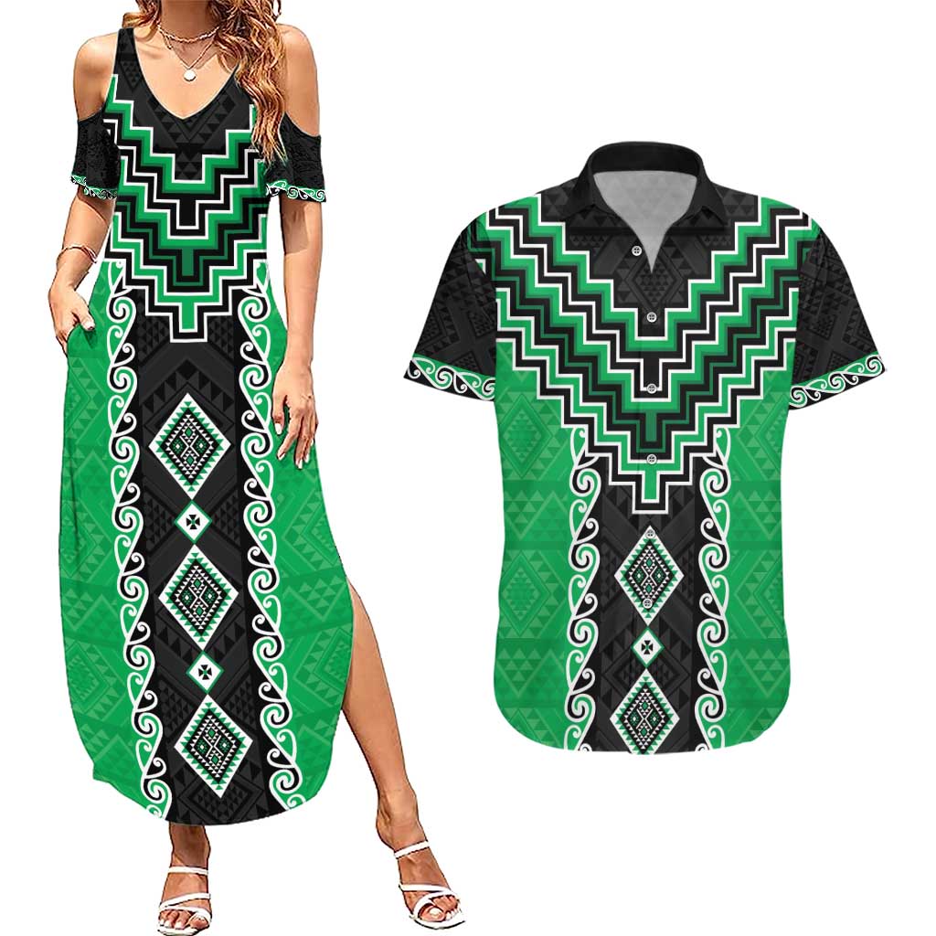 Green Niho Taniwha Mix Poutama Couples Matching Summer Maxi Dress and Hawaiian Shirt Unique Taniko Aotearoa LT01 Green - Polynesian Pride