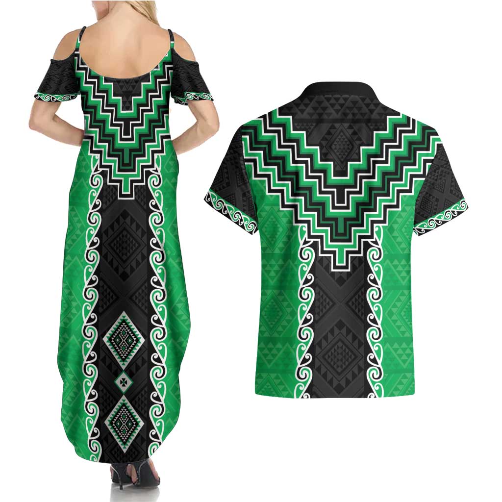 Green Niho Taniwha Mix Poutama Couples Matching Summer Maxi Dress and Hawaiian Shirt Unique Taniko Aotearoa LT01 - Polynesian Pride