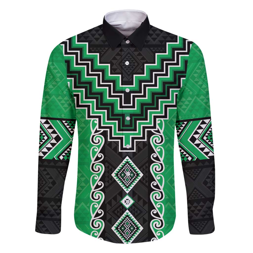 Green Niho Taniwha Mix Poutama Family Matching Long Sleeve Bodycon Dress and Hawaiian Shirt Unique Taniko Aotearoa LT01 Dad's Shirt - Long Sleeve Green - Polynesian Pride