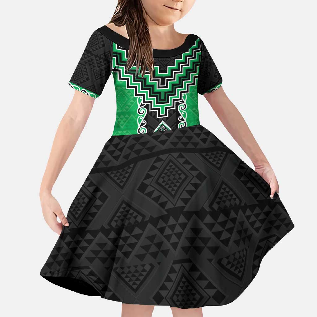 Green Niho Taniwha Mix Poutama Family Matching Mermaid Dress and Hawaiian Shirt Unique Taniko Aotearoa LT01 Daughter's Dress Green - Polynesian Pride